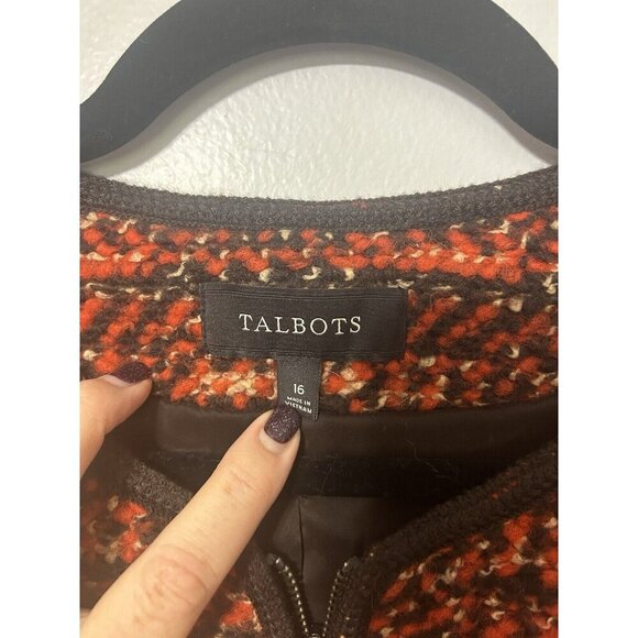 Talbots Orange brown tweed wool blend long sleeve zip trim jacket Size 16 - Picture 2 of 5